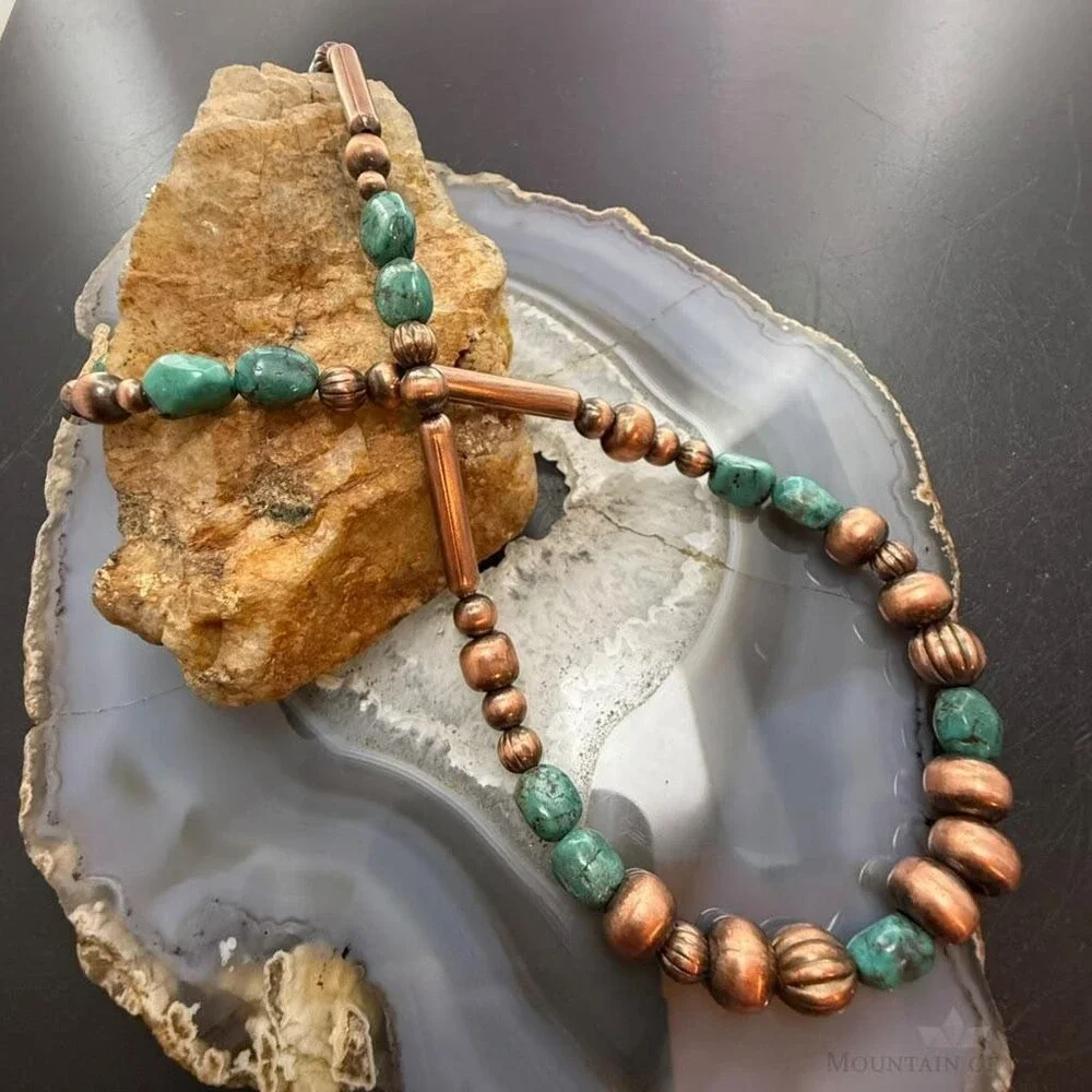 Southwestern Style 3-9.5mm Copper Navajo Pearl,Cylinder&Turquoise Beads Necklace